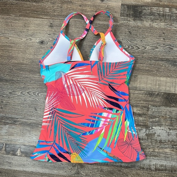 Apt 9 Tropical Leaf Coral Multi Criss Cross Surplice Tankini Swimsuit Top Size S - Picture 3 of 8